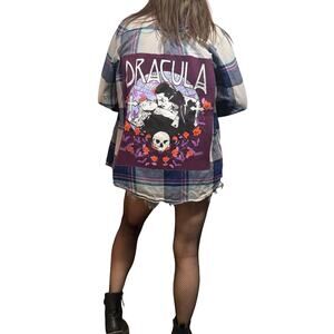 Dracula goth upcycled custom flannel shirt graphic tee on back bespoke